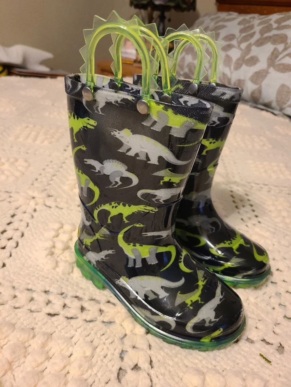 Kids Dinosaur Rain Boots - Black with Neon Green and Gray Dino Print